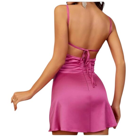 Hot Pink Satin Lace Slip Mini Dress NWT Size Small Ruched Spaghetti Strap Party - Picture 16 of 16